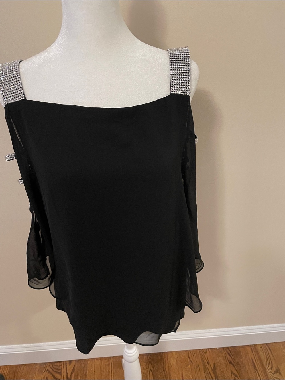 Roz & Ali Black Cold-Shoulder Blouse with Rhinestone Straps